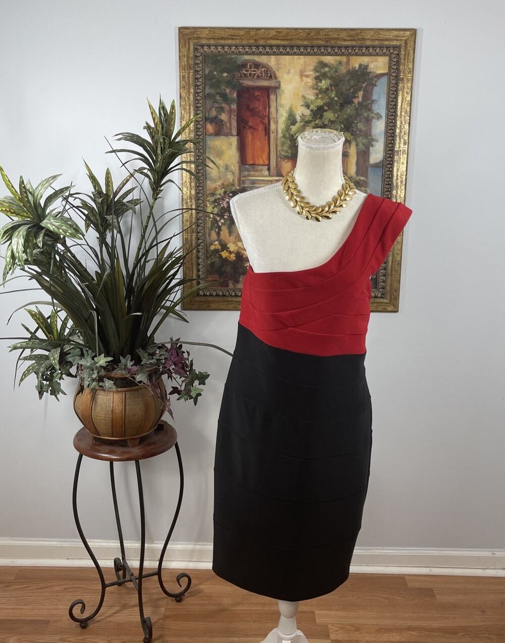 Trixxi One Shoulder Colorblock Bodycon Dress 1X Red Black Cocktail Stretch‎